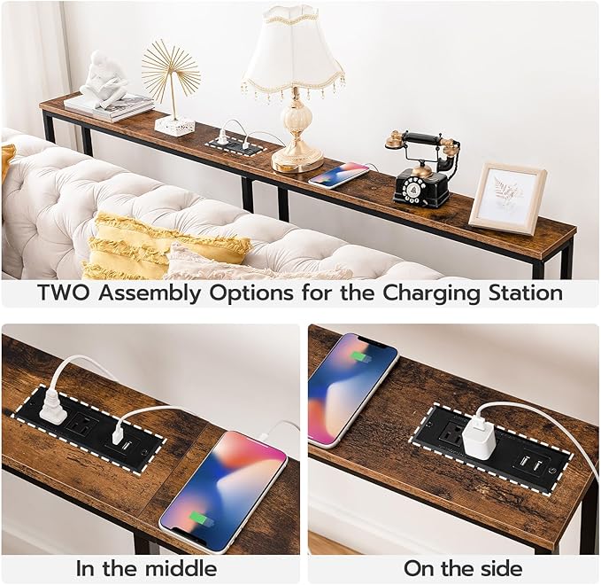 HOOBRO 78.7" Narrow Console Table with Charging Station, 5.9" Sofa Table with 2 Power Outlets and USB Ports, Long Entryway Tables Behind Couch Table, for Hallway, Living Room, Rustic Brown BF205UXG01