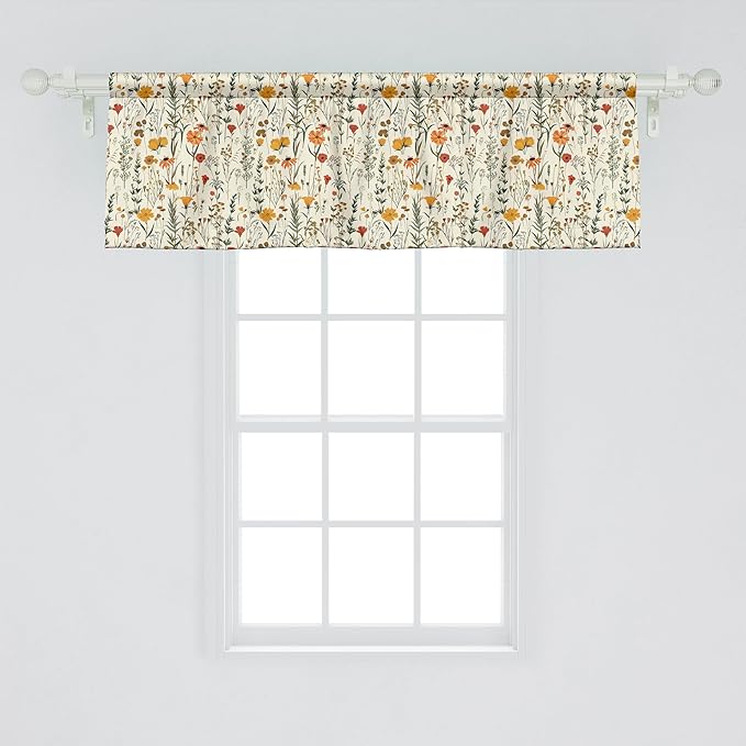 Ambesonne Fall Window Valance, Wild Flowers Illustration Print Vintage Autumnal Theme Farmhouse Vibe, Curtain Valance for Kitchen Bedroom Decor with Rod Pocket, 54" X 18", Mustard Orange Sage Green