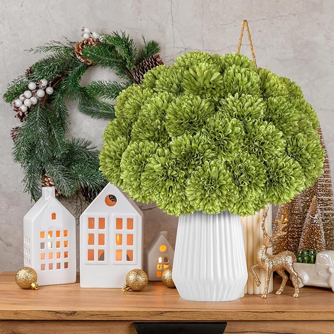 36 Pcs Artificial Chrysanthemums Flowers Green Ball Flower Silk Fake Mums Flowers for Home Decor Outdoor Wedding Floral Arrangement St Patricks Day Table Centerpiece