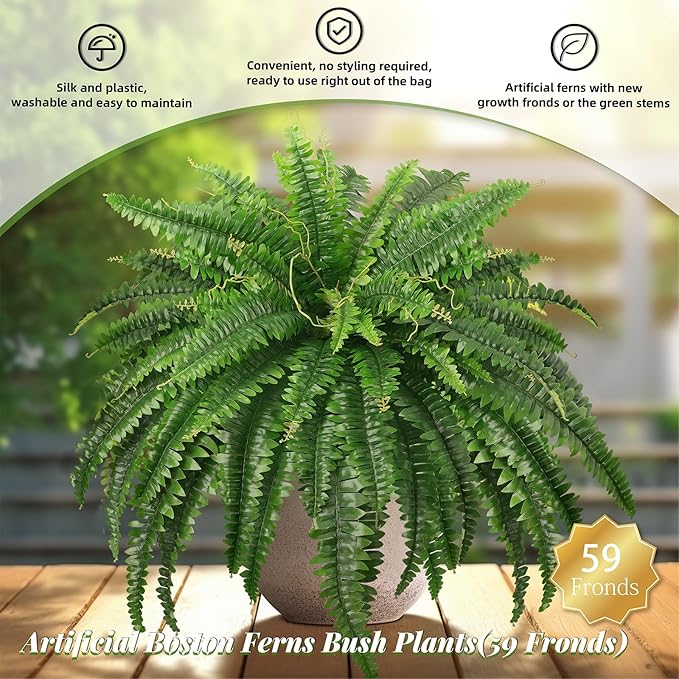 45" Fake Ferns, Realistic Large Artificial Bush Plants, 2 Artificial Boston Ferns with 59 Fronds for Outdoors Planter Indoor Home Garden Porch Decor