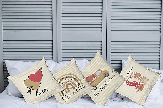 Ambesonne Romantic Throw Pillow Cushion Case Pack of 4, Love Hearts Arrow You and Me Be My Valentine Hugs Kisses Lettering, Modern Accent Double-Sided Digital Printing, 20", Ivory Camel and Dark Pink