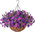 Artificial Silk Flowers Hanging Baskets Outdoors Indoors, Daisy with Eucalyptus Leaves Arrangement for Garden Yard Spring Summer Decor Faux Green Plant Metal Coconut Lining (Dark Purple Purple)