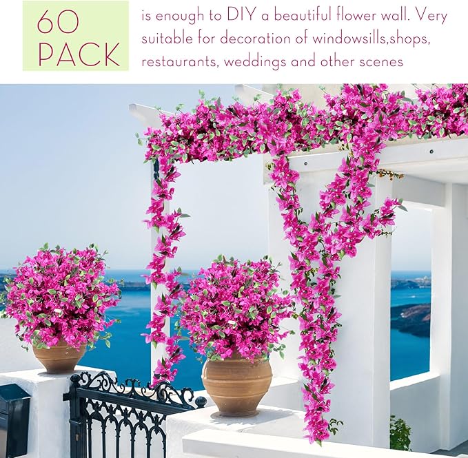 60 Pcs Artificial Faux Bougainvillea Fake Flower Silk Bougainvillea Branches UV Resistant Outdoor Indoor Decoration for Wedding Home Centerpieces Outside Decor (Rose Purple)