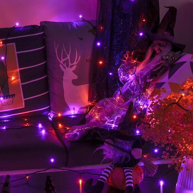 300 LED Halloween String Lights, 98.5FT with 8 Modes, Waterproof, Plug in for Indoor/Outdoor Party Decorations (Purple & Orange)