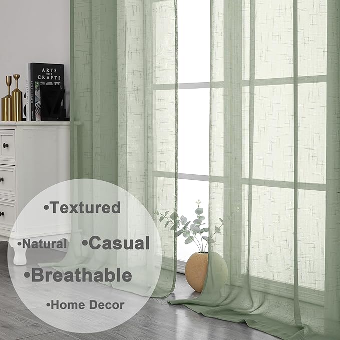 Aiyufeng Kirei Long Sage Green Sheer Curtains 96 Inch - Linen Look Privacy Sheer Curtains Window Treatment Drapes Farmhouse Decor for Bedroom Living Room Sliding Glass Door, 40Wx96L, 2 Panels
