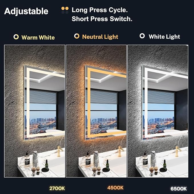 LED Bathroom Mirror 24"x 36", Front Lit and Backlit Bathroom Mirror with Lights,Stepless Dimmable,Anti-Fog, Shatter-Proof, Memory, 3 Colors Lighted Vanity Mirror (Horizontal/Vertical)
