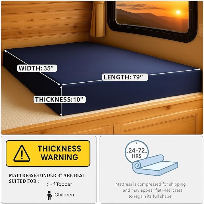 Foamma 10” x 35” x 79” Water Resistant Gel Memory Foam RV Bunk Mattress, Firm High Density Foam Base, Comfortable and Durable Polyester Cover, Truck, Camper, Travel Trailer, Made in USA