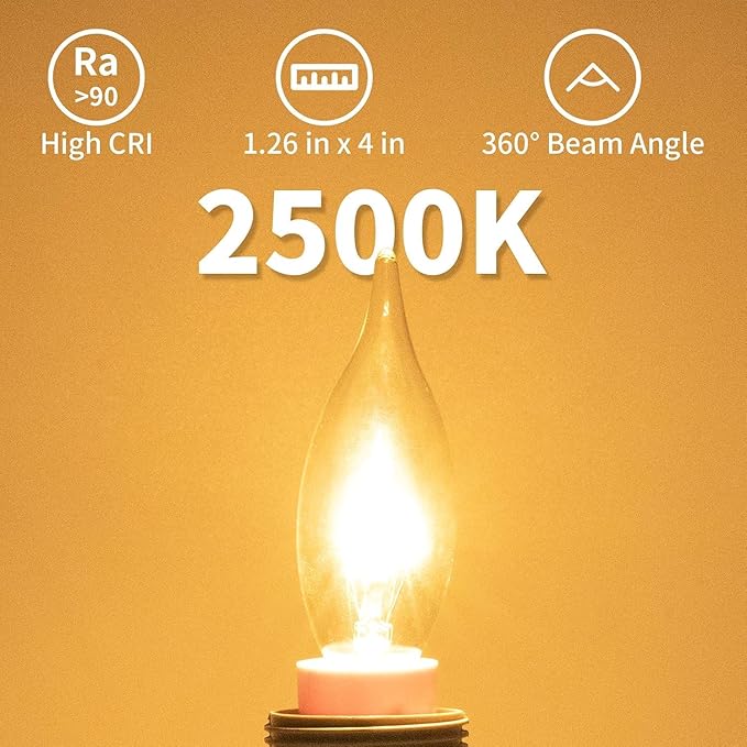 4-Pack E12 Candle Light Bulbs 40W Warm White 2500K, 380 Lumen Dimmable Chandelier Light Bulbs for Ceiling Fan, Pendants or Outdoor, CA10 Clear Candelabra Base Bulbs