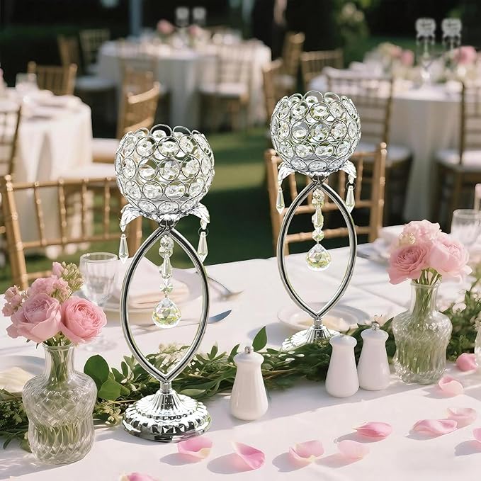 6 Pcs Silver Elegant Metal Crystal Tea Light Candle Holders with Crystal Pendants, Hollow Design - Wedding Table Centerpieces for Anniversary Birthday Party, Home Decor