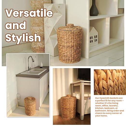 4 Gallons Wicker Waste Basket - Water Hyacinth Bathroom Garbage Can with a Lid - Bathroom Trash Can Boho Style - Wicker Trash Can with Lid for Household, Kitchen - Removable Liner, Iron Frame