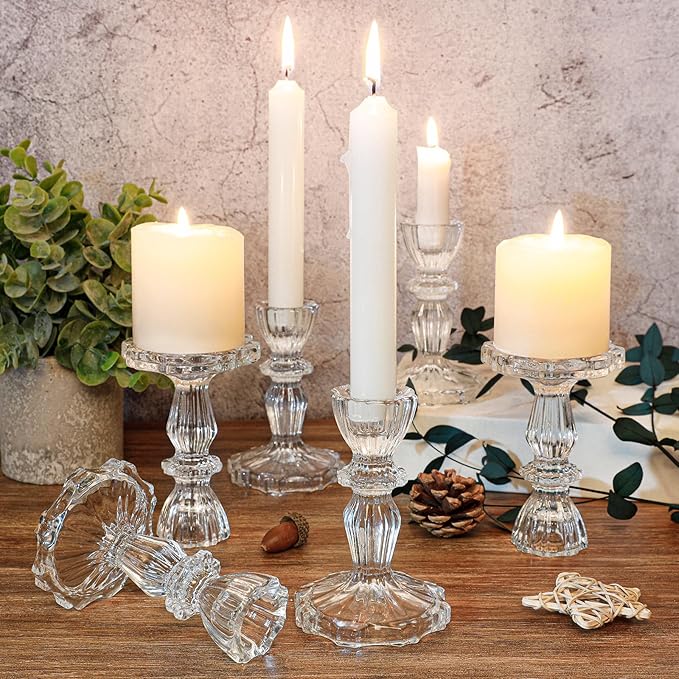 4.33" Tall Glass Candlestick Set of 6 Clear Crystal Candle Holders for Glass Taper Holder Decor for Wedding Birthday Party Christmas