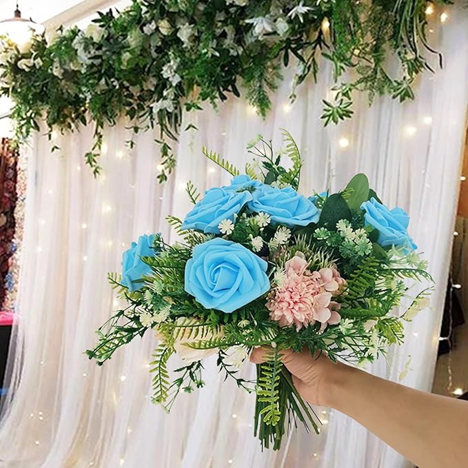 Artificial Rose Flowers 25pcs, Peacock Blue Foam Fake Rose Faux Flower for Wedding Bouquets Bridal Shower Centerpieces Floral Arrangements Home Decorations Party Backdrops Table