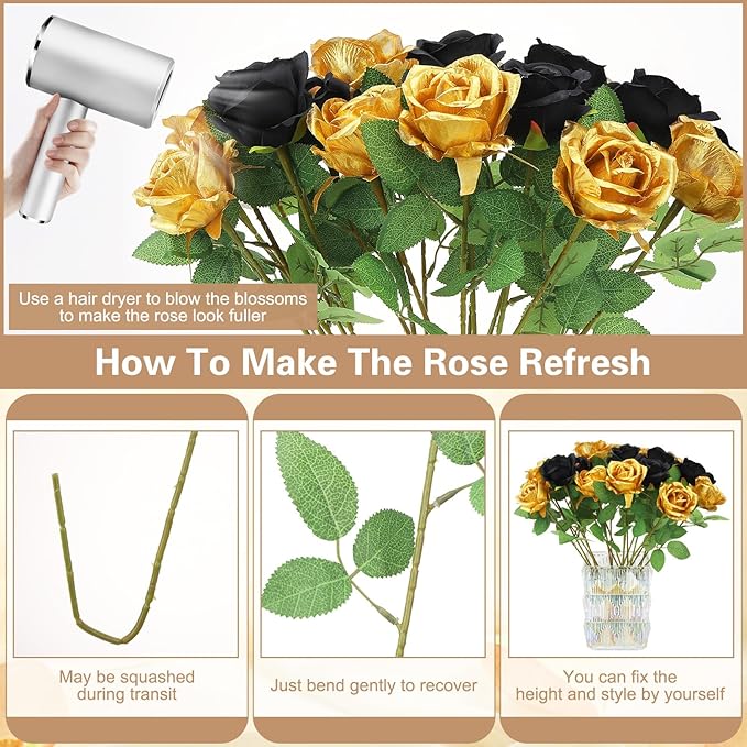 72 Pcs Artificial Roses Gold, Black Fake Silk Roses Realistic Roses Faux Flower Indoor Wedding Home Decor, Birthday Decorations