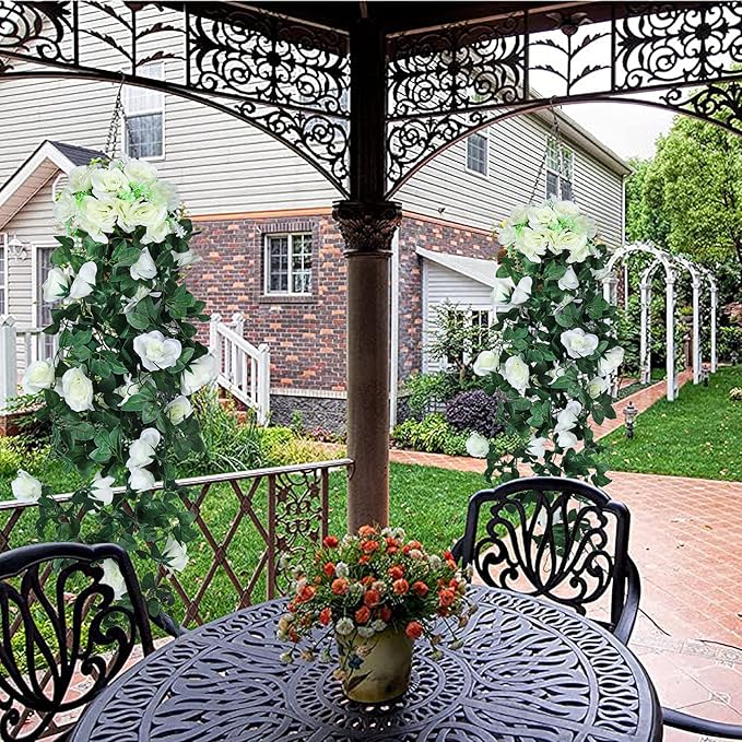 RECUTMS Artificial Plants Hanging 2Pieces 3.3Ft Rose Plant Flowers Vines Wedding Home Office Arch Arrangement Decoration (White)