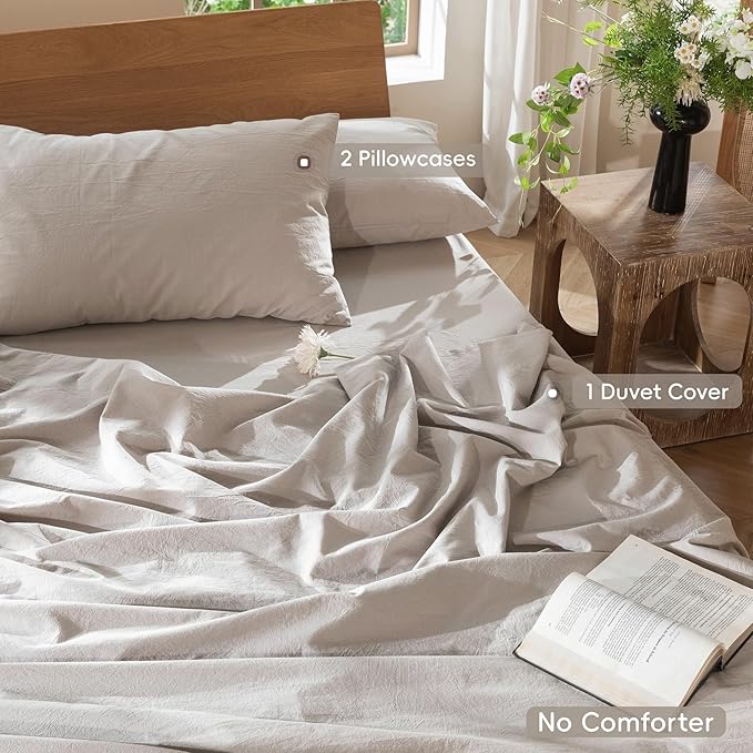MooMee Bedding Duvet Cover Set 100% Washed Cotton Linen Like Textured Breathable Durable Soft Comfy (Solid Light Tan, Palatial King/Oversized King 120"x98")