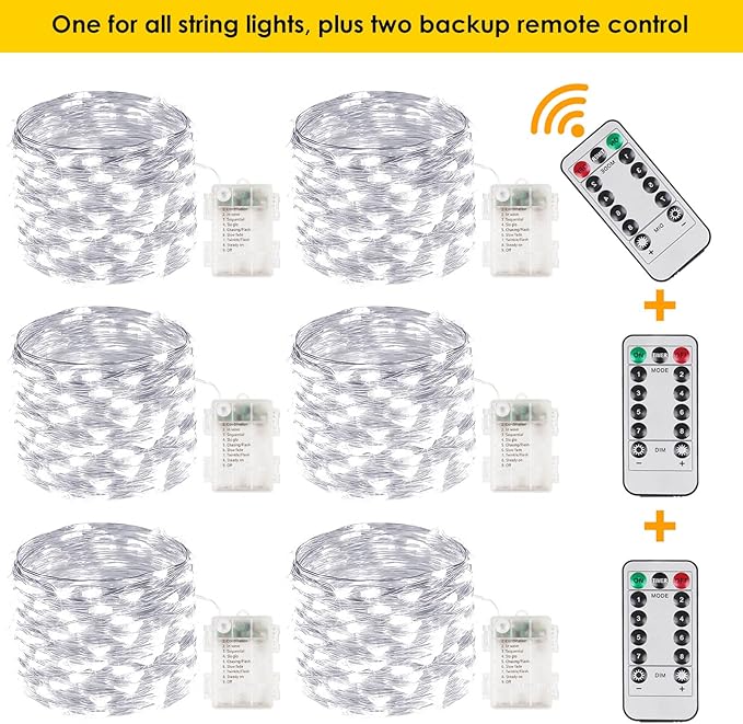 6 Pack 100 LED Fairy Lights Battery Operated with Remote, 33FT Waterproof Twinkle Lights with Timer & 8 Modes, Fairy String Light Outdoor Indoor for Bedroom Classroom DIY Christmas Decor (Cool White)