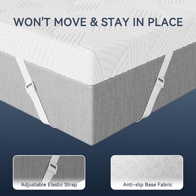 ELEMUSE 4 Inch Gel Memory Foam Mattress Topper Queen Size Pressure-Relieving Mattress Topper for Back Pain,Non-Slip Design with Removable & Washable Cover, CertiPUR-US