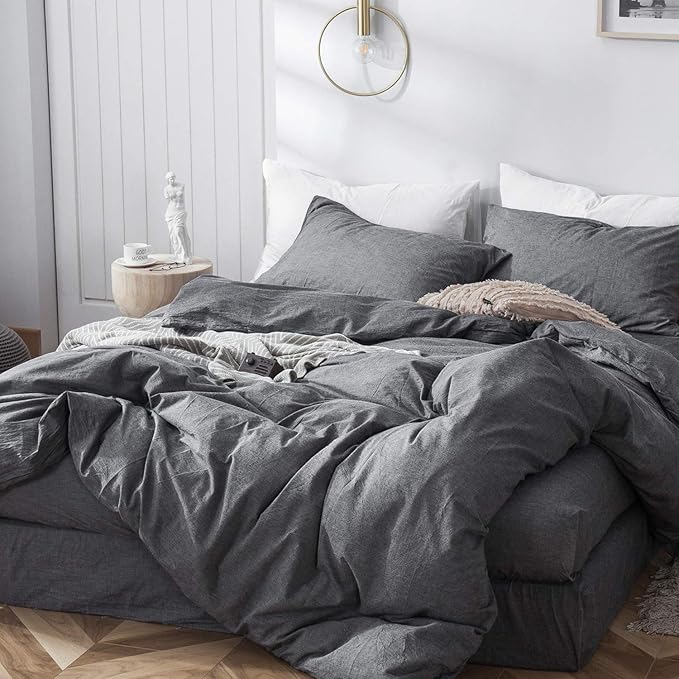 MooMee Bedding Duvet Cover Set 100% Washed Cotton Linen Like Textured Breathable Durable Soft Comfy (Heathered Dark Grey, Super King 108"x98")