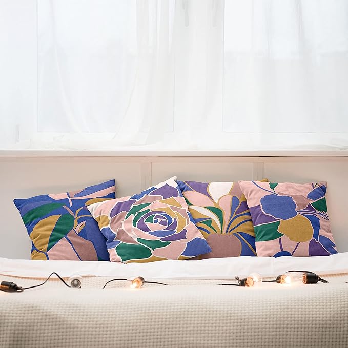 Ambesonne Floral Throw Pillow Cushion Case Pack of 4, Abstract Flowers and Petals with Exotic Vibes Colorful Modern Style, Modern Accent Double-Sided Digital Printing, 18", Rose Dark Violet Mustard