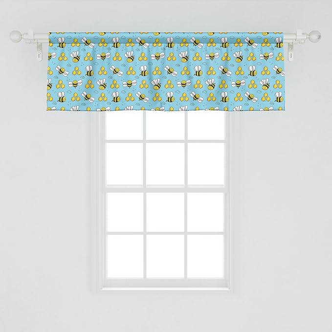 Ambesonne Cartoon Window Valance, Summer Style Funny Demonstration of Happy Flying Characters and Hexagon Comb, Curtain Valance for Kitchen Bedroom Decor with Rod Pocket, 54" X 18", Sky Blue Mustard