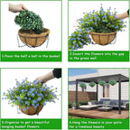 Artificial Hanging Flowers Basket, 12 UV-Resistant Bundles of Realistic Fake Flowers, Faux Plants for Outdoor Decor, Home, Garden, Porch, Patio, Spring & Summer Decorations, Blue