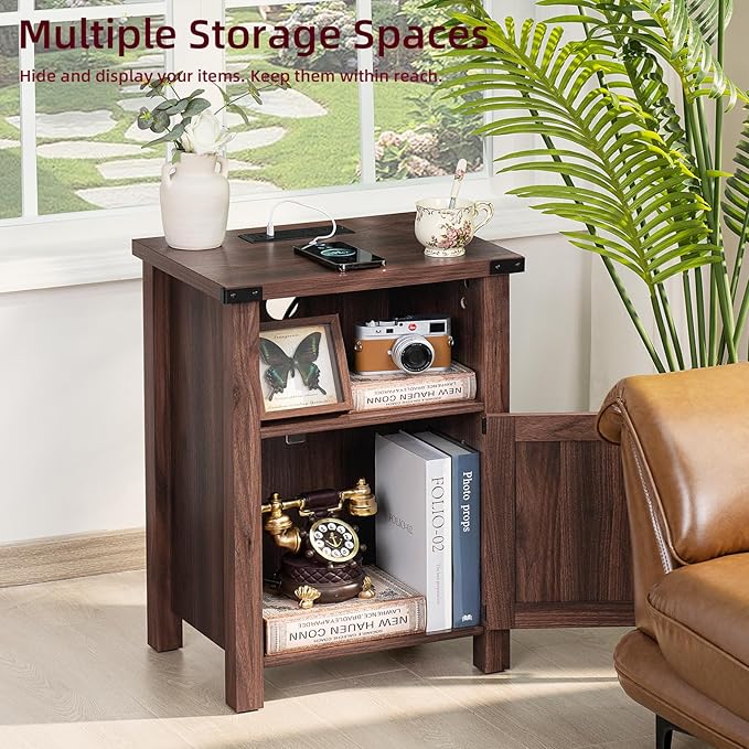 Night Stand Set of 2, 18 Inch Farmhouse Nightstand with with Charging Station and USB Port, Rustic Wood Bedside Table with Magnetic Door, Bed Side Tables for Bedroom, Brown Walnut