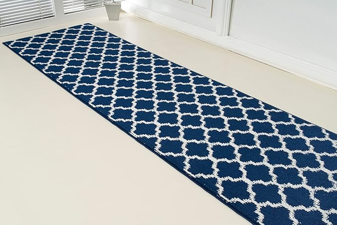 Custom Size Cut to Length Moroccan Trellis Design Runner Rug Mat For Wide Long Hallways with Non-Slip Rubber Backing, Better Traction for Pets, Prevent Slippage, Trellis Navy Blue, 31 inch X 6 feet