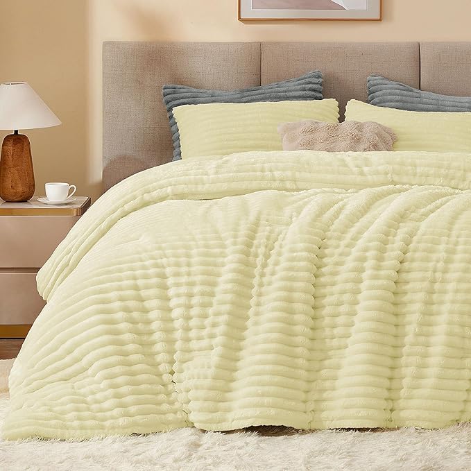 BEDELITE Fleece Queen Comforter Set -Super Soft & Warm Fluffy Transparent Yellow Bedding, Luxury Fuzzy Heavy Bed Set for Winter with 2 Pillow Cases