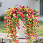 6 Pcs Artificial Hanging Mums Flowers Outdoor, Fake Hanging Flowers Silk Outside Plants for Outdoor Planter Patio Front Door Window Garden Decoration (6, Red, Purple, Rose Red, Yellow)