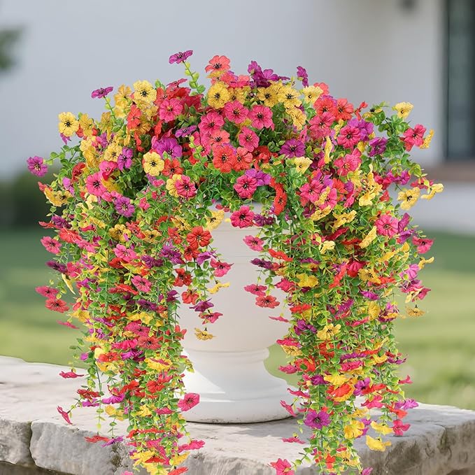 6 Pcs Artificial Hanging Mums Flowers Outdoor, Fake Hanging Flowers Silk Outside Plants for Outdoor Planter Patio Front Door Window Garden Decoration (6, Red, Purple, Rose Red, Yellow)