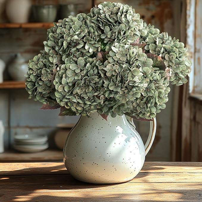 Artificial Flower Fake Silk Hydrangea Heads Bouquet with Stems Bulk for Fall Decoration Table Center Christmas Indoor Outdoor Faux Floral Realistic with Leaves Plants Crafts 8PCS (Green)