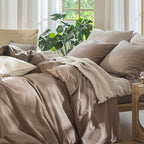 MooMee Bedding Duvet Cover Set 100% Washed Cotton Linen Like Textured Breathable Durable Soft Comfy (Solid Brown, Super Queen 90"x98")