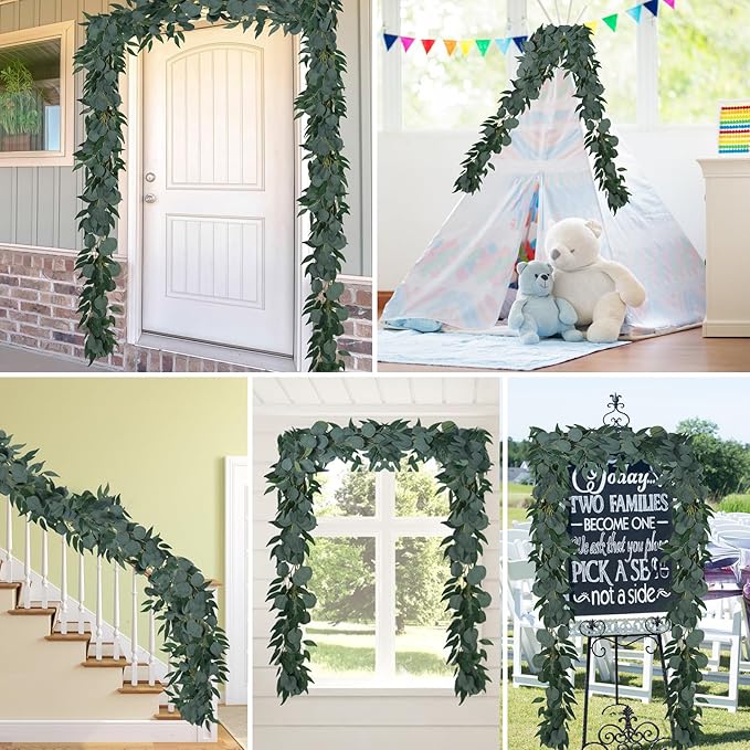 RECUTMS 2Pack Artificial Eucalyptus Garland with Willow Leaves 6Feet Fake Hanging Plant Silk Eucalyptus Willow Leaves Ivy Garland Faux Greenery for Indoor Outdoor Wedding Party Home Table Arch Decor