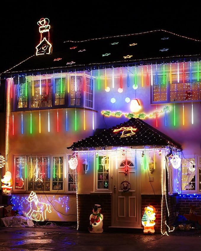 Joomer Christmas Lights Outdoor, 11.8 inch 10 Tubes 240 LED Meteor Shower Lights, LED Snow Falling Icicle Cascading Light with Timer Waterproof and Connectable for Christmas Decoration (Multicolor)