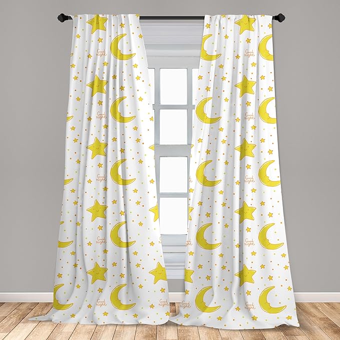 Ambesonne Yellow and White Curtains, Sleeping Crescent Moon and Stars Pattern Night Time Cartoon Illustration, Window Treatments 2 Panel Set for Living Room Bedroom, Pair of - 28" x 95", Pale Yellow