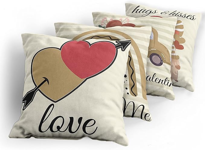 Ambesonne Romantic Throw Pillow Cushion Case Pack of 4, Love Hearts Arrow You and Me Be My Valentine Hugs Kisses Lettering, Modern Accent Double-Sided Digital Printing, 20", Ivory Camel and Dark Pink