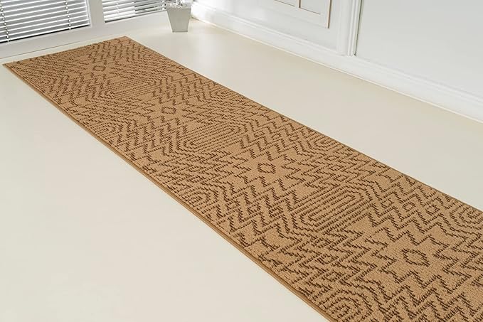 Custom Length Cut to Size Tribal Ethnic Southwestern Inspired Hallway Runner Rug, Non Slip Rubber Backed, 31 inch Wide X Customized Length, Inca Tan, 31 inch X 29 feet