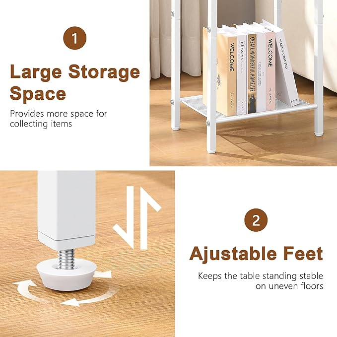 Hoctieon 2-Set 3 Tier End Table, Telephone Table Set of 2, Tall Side Table with Storage Set of 2, Small Nightstand for Small Spaces, Metal Frame, White and Yellow Oak