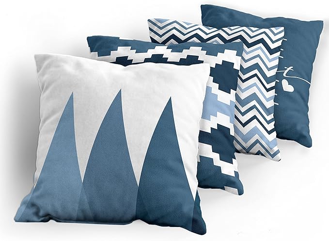 Ambesonne Modern Throw Pillow Cushion Case Pack of 4, Geometric Style Pattern of Triangles Zigzags Love Home Phrase Design, Modern Accent Double-Sided Digital Printing, 18", Petrol Blue and White