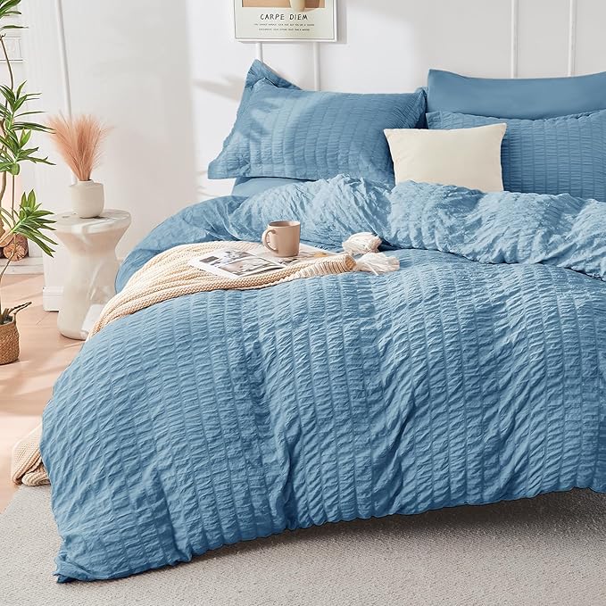 HYMOKEGE Mineral Blue King Size Comforter Set Seersucker 7 Pieces, All Season Luxury Bed in a Bag for Bedroom, Bedding Set with Comforter, Sheets, Pillowcases & Shams