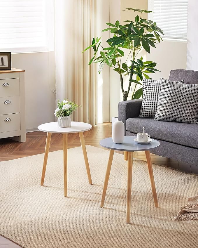 Apicizon Round Side Table, White Bedside Table Coffee End Table for Bedroom, Living Room, Small Spaces, Easy Assembly Nightstands with Natural Wood Legs, 16.5 x 20.5 Inches
