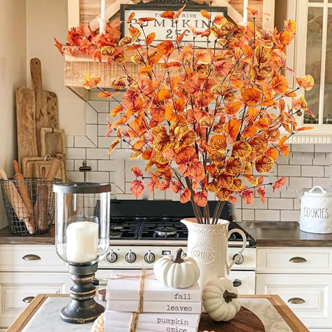 6pcs Artificial Fall Eucalyptus Leaves Stems 30" Faux Fall Leaf Fall Branches Autumn Decorations for Home Fall Floral Arrangements Farmhouse Table Centerpiece Decor