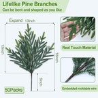 50 Pcs Christmas Greenery Pines Branch Pine Branches Artificial Green Pine Stem - Real Touch for Vase DIY Crafts Flower Arrangement Home Indoor Christmas Decor(18 Inch)