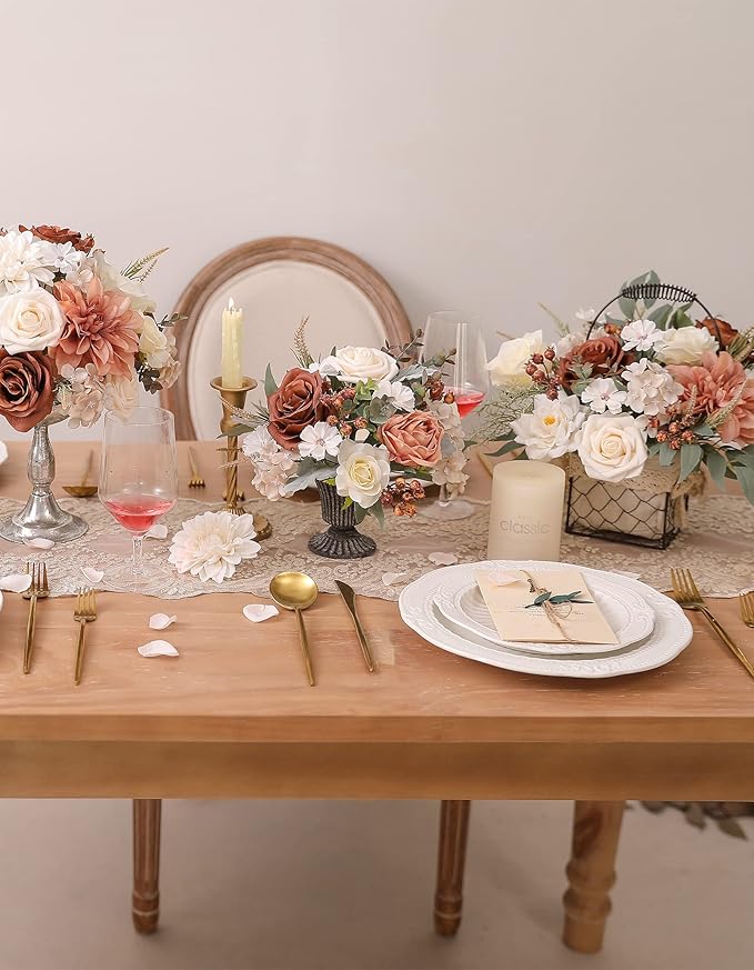 Artificial Flowers Combo Set Fake Flower Leaf for DIY Wedding Bouquets Floral Centerpieces for Tables Party Baby Shower Home Decorations(Coffee White)