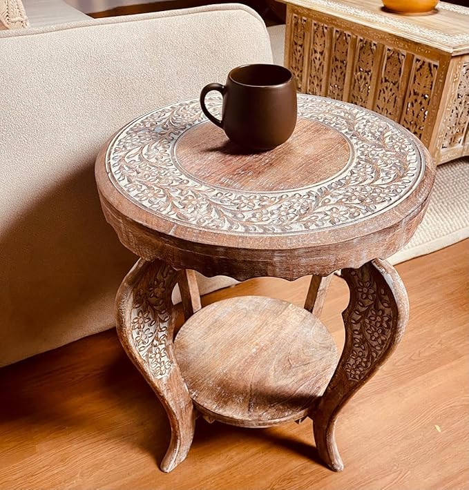 Hand Carved Wooden Octagon Coffee Table, 24"x24"x18" White wash Farmhouse Accent End Table, Rustic Foldable Side Table Nightstand for Bedroom, Dining Room & Living Room