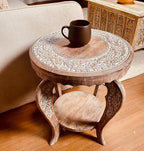 Hand Carved Wooden Octagon Coffee Table, 24"x24"x18" White wash Farmhouse Accent End Table, Rustic Foldable Side Table Nightstand for Bedroom, Dining Room & Living Room