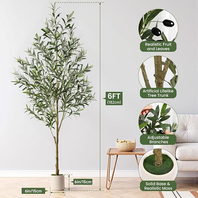 Alupssuc 6FT Artificial Olive Trees, Faux Silk Plant with Lively Artificial Trunk and Lifelike Fruits, Indoor Fake Potted Tree with White Planter for Modern Home Office Living Room Decor
