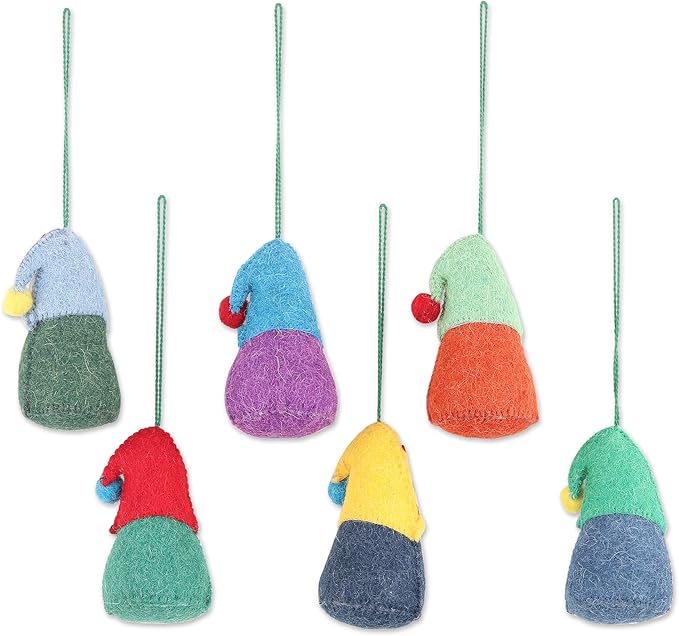 NOVICA Artisan Handmade Felted Wool Ornaments Holiday Assorted India Decor Christmas [3.9in H x 2.1in W x 2.1in D] 'Nordic Gnomes' (Set of 6)