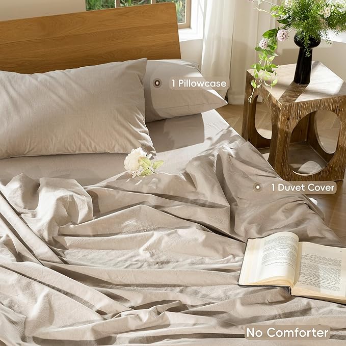MooMee Bedding Duvet Cover Set 100% Washed Cotton Linen Like Textured Breathable Durable Soft Comfy (Heathered Taupe, Twin 68"x90")