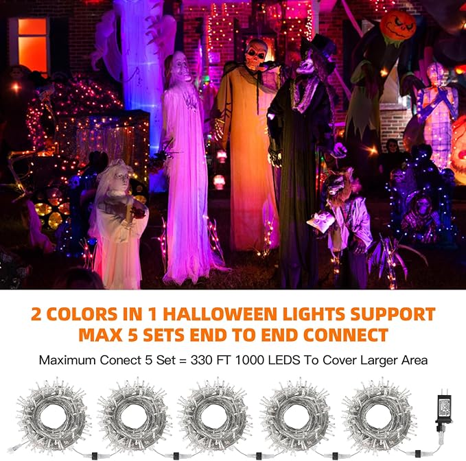 66Ft 200LED Orange and Purple Christmas Halloween Lights Plug in,Waterproof Halloween String Light,8 Modes Indoor Outdoor for Tree Party Bedroom Garden Decor (Clear Wire)